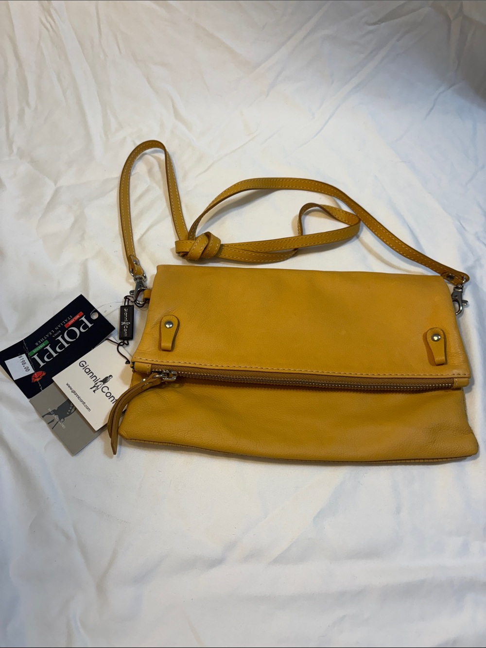 Gianni Conti Mustard Yellow Leather Foldover Crossbody Bag